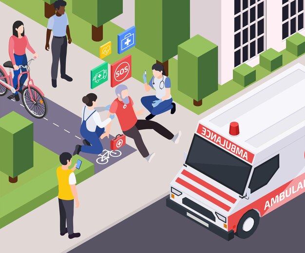 Sistemas de alerta de emergência médica sênior prestam serviços de composição isométrica com cenário ao ar livre homem caído e tripulação de ambulância ilustração vetorial