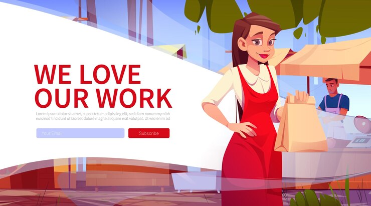 Vetor grátis site do mercado local de alimentos com vendedora de mulheres