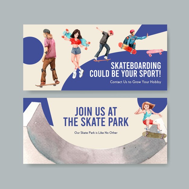 Skate design conceito banner aquarela ilustração vetorial.