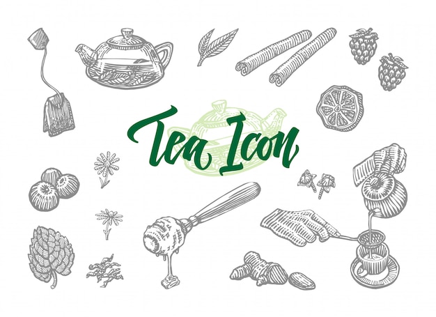 Sketch tea icons set Vetor grátis