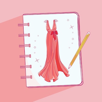 Sketchbook com uma foto de um vestido de noite de baile de baile