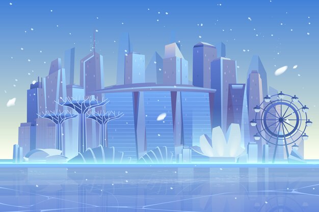 Skyline da cidade de inverno na baía congelada, arquitetura