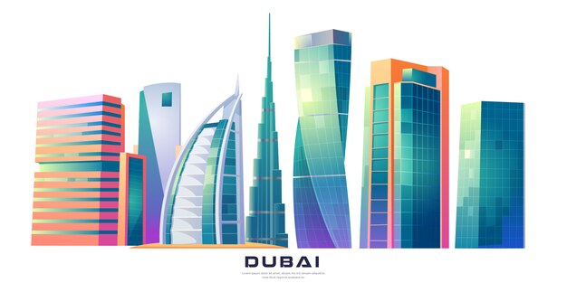 Skyline de Dubai, Emirados Árabes Unidos com edifícios famosos do mundo