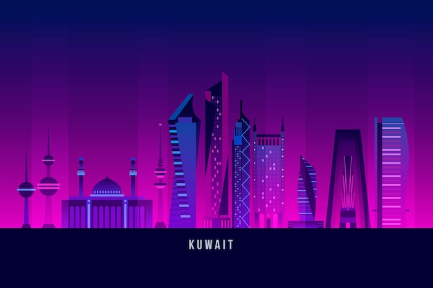 Skyline do Kuwait com várias cores escuras