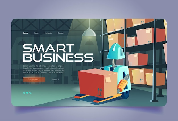 Smart business cartoon landing page empilhadeira robô carregando caixa no interior do armazém log inteligente ... Vetor grátis