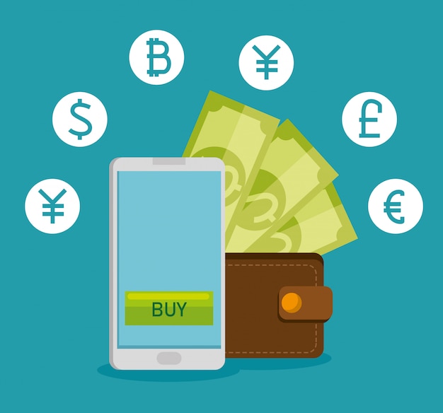 Smartphone com moeda financeira de câmbio virtual