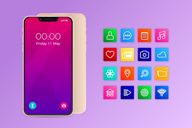 Smartphone realista com aplicativos em tons de violeta gradiente