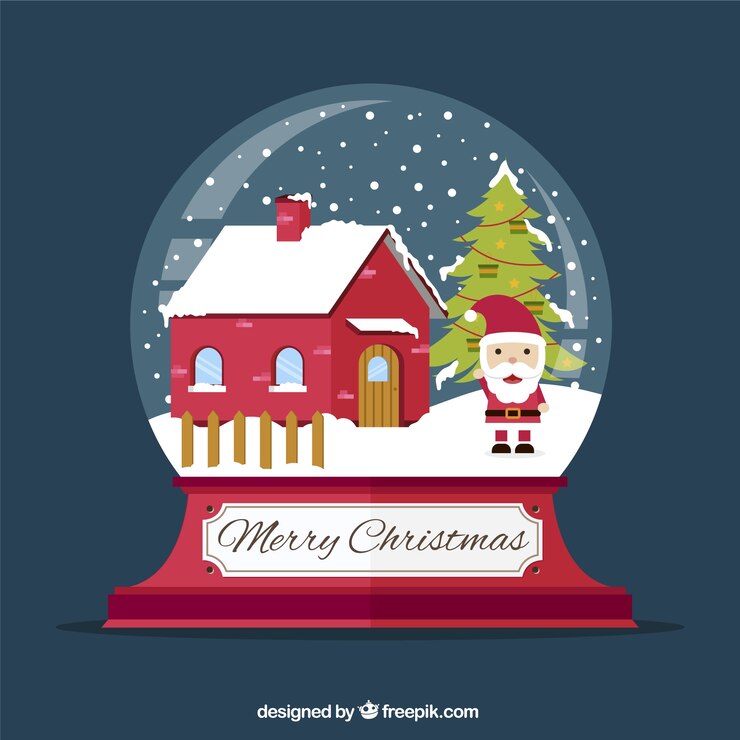 Vetor grátis snowglobe com papai noel e casa