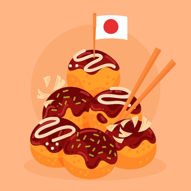 Sobremesa takoyaki de design plano com bandeira do japão