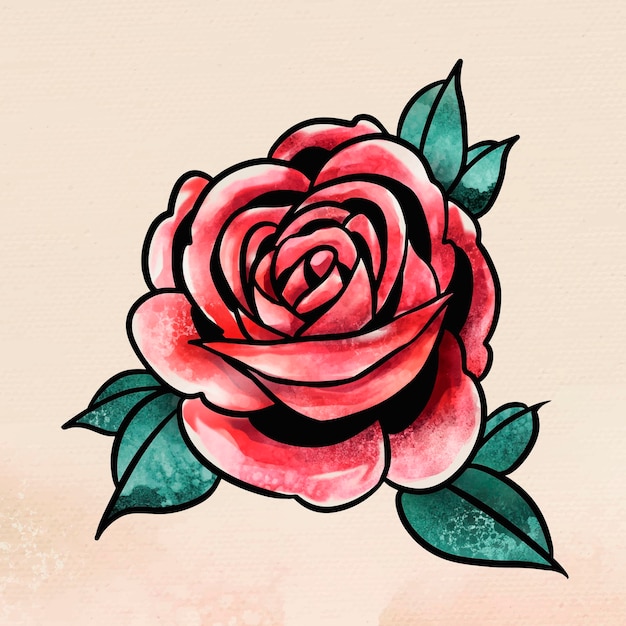 Sobreposição de adesivo de flor de rosa vermelha em aquarela