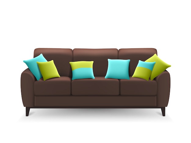 Sofa realista marrom com almofadas decorativas