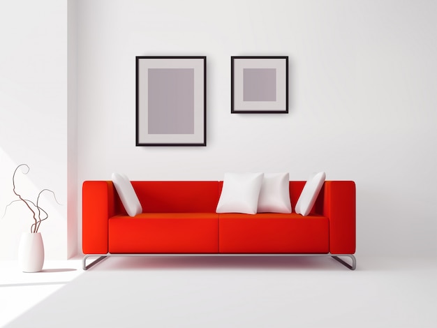 Sofá vermelho com travesseiros e quadros