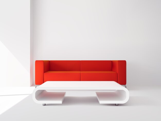 Sofá vermelho e interior de mesa branca