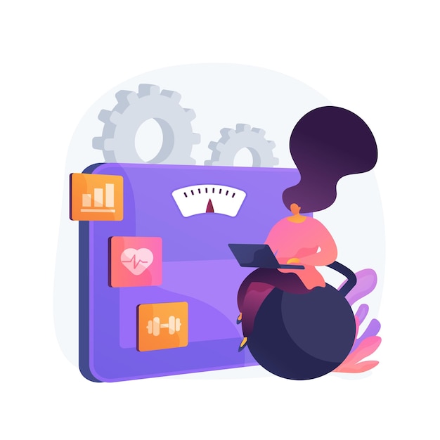 Software de fitness. Organizador de emagrecimento, planejador de treinamento esportivo, programa de perda de peso. Mulher usando laptop para o progresso do treino e rastreamento de bem-estar.