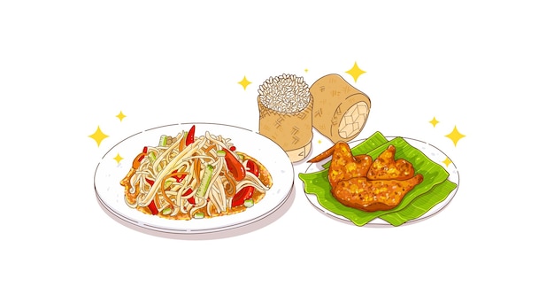 Somtum e frango assado e arroz pegajoso comida tailandesa picante salada de papaia ilustração de desenhos animados desenhados à mão