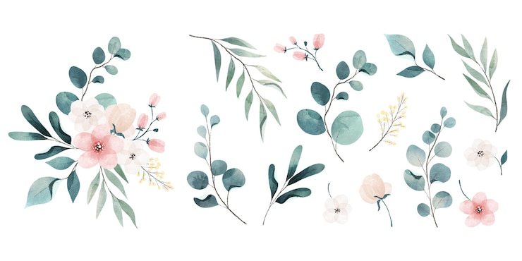 Vetor grátis sorte de folhas e flores aquareladas