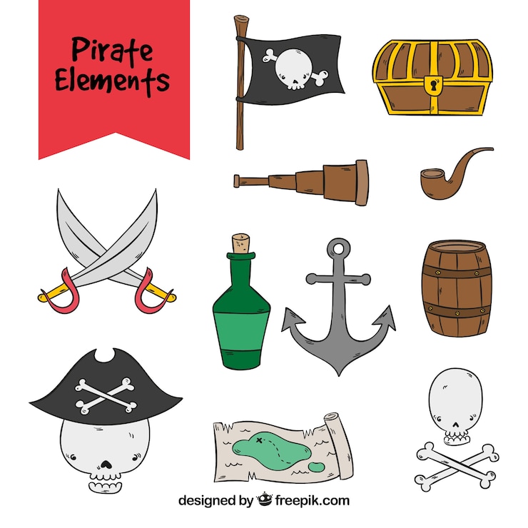 Vetor grátis sortido, mão, desenhado, pirata, objetos