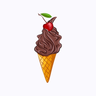 Sorvete de chocolate estilo desenho animado e ícone de vetor de cereja isolado no fundo branco