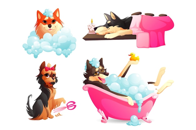 Spa para cães e serviço de higiene pessoal cachorrinhos felizes tomam banho em uma banheira de espuma com bolhas de shampoo relaxantes ...