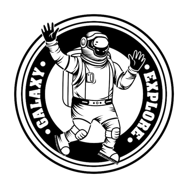 Vetor grátis spaceman vintage explorando ilustração vetorial de galáxia. astronauta monocromático com traje espacial e capacete