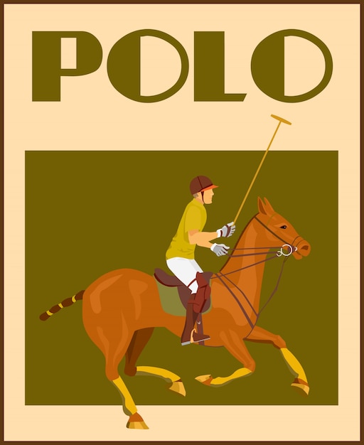 Sport polo club player em capacete com malho a cavalo poster ilustração vetorial