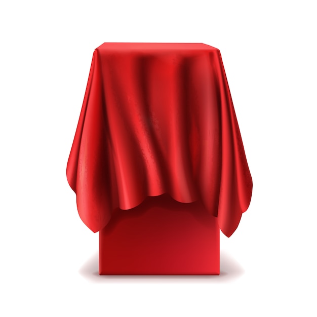 Stand realista coberto com pano de seda vermelho, isolado no fundo branco.