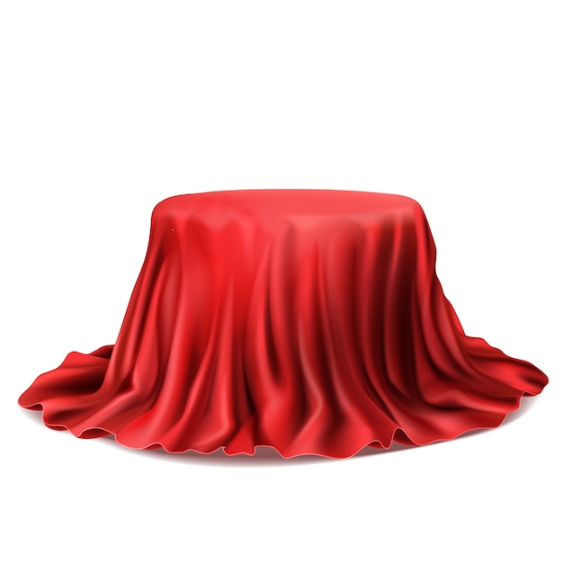 Stand realista coberto com pano de seda vermelho, isolado no fundo branco.