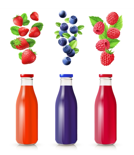 Suco de berry conjunto realista com garrafas e bagas isolado ilustração vetorial