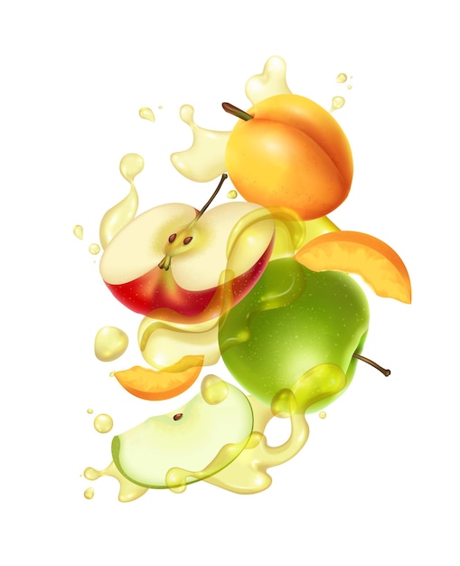 Suco de maçã realista espirra com ilustração vetorial de frutas cortadas e inteiras