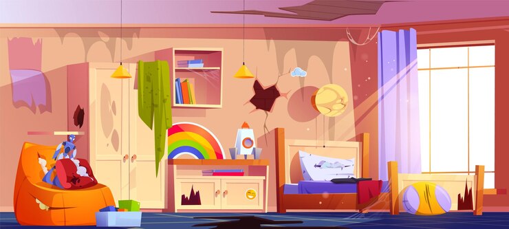 Vetor grátis sujo e bagunçado quarto de criança vetor de desenho animado ilustração interior de criança desarrumado em casa com buraco de móveis quebrado no chão e parede de rachadura sala de jogos adolescente abandonada com desordem e luz ensolarada