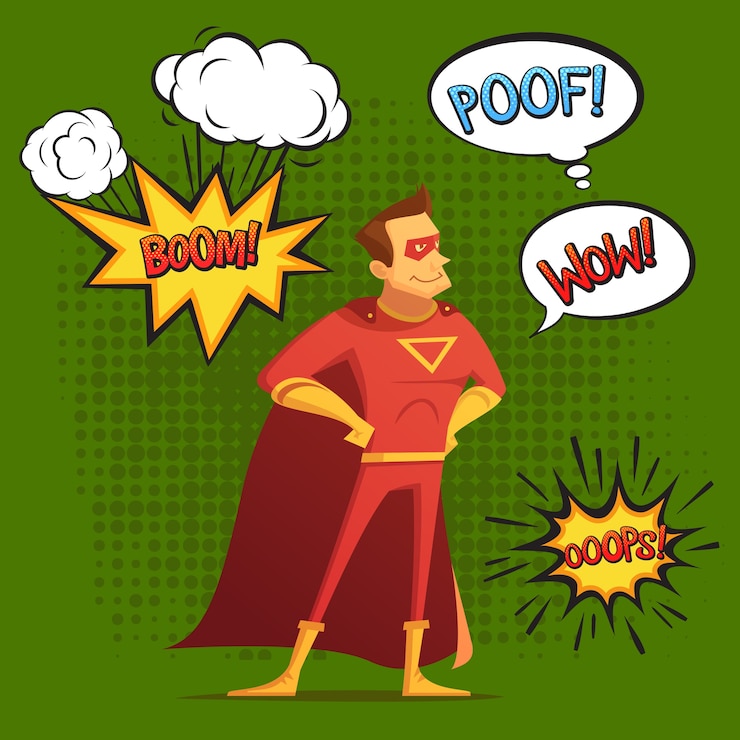 Vetor grátis super-herói em traje vermelho, composição com som e bolhas de emoção com fundo verde estilo cômico