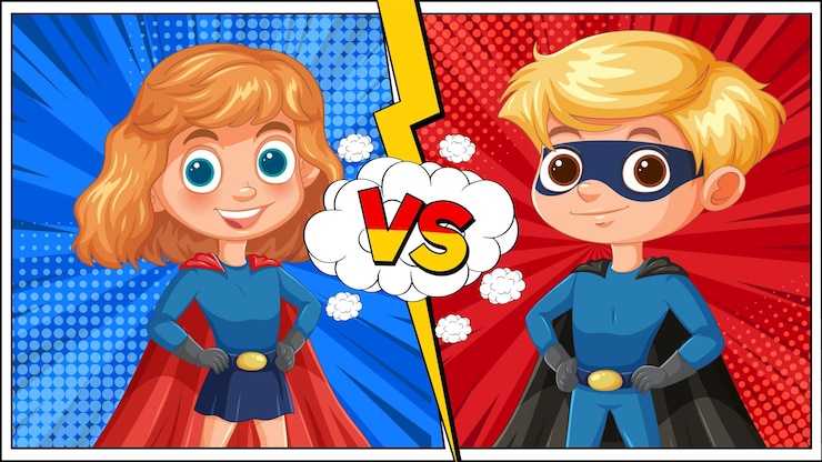 Vetor grátis super-herói showdown menino contra menina
