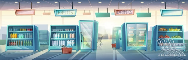 Vetor grátis supermercado grande estilo desenho animado com prateleiras com alimentos e bebidas
