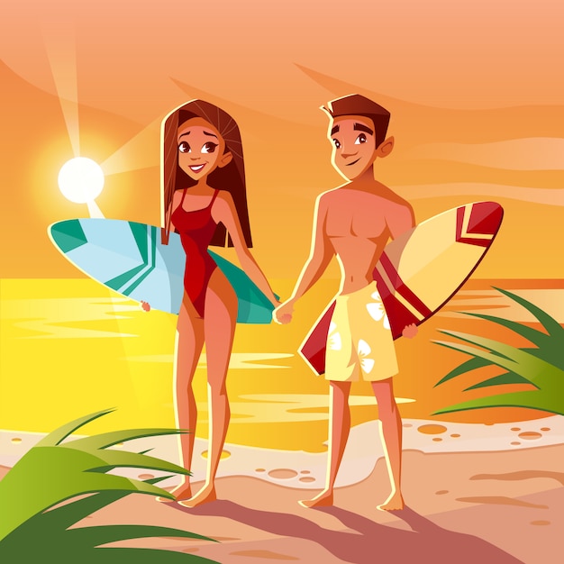 Vetor grátis surfistas, em, havaí, ilustração, de, menino menina, par, com, surfboards, em, oceânicos, pôr do sol praia