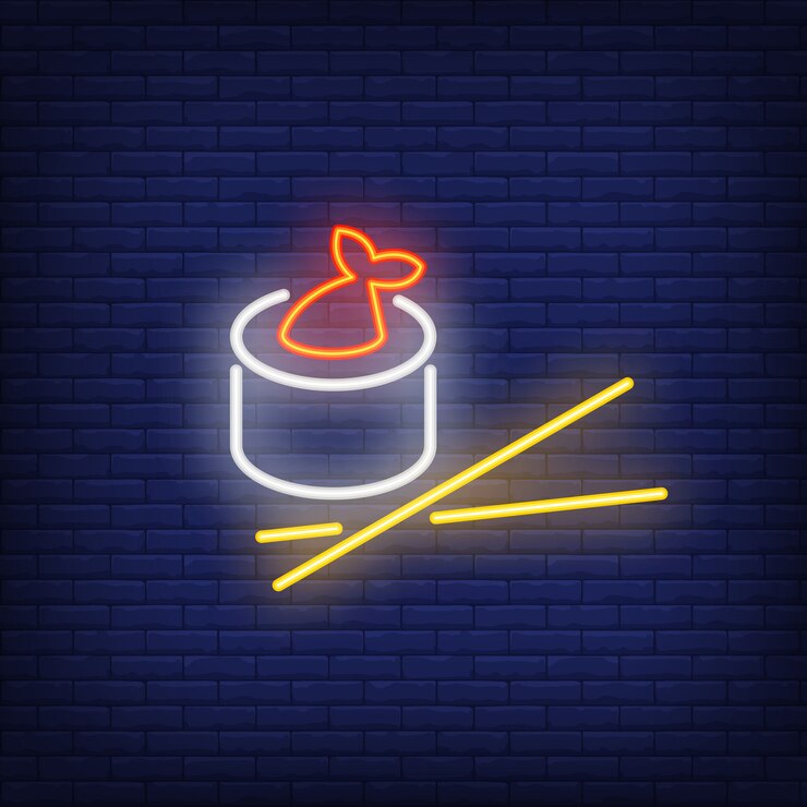 Vetor grátis sushi roll com peixe e pauzinhos neon sign