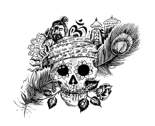 T-shirt Design - Men Skull with Rose Peacock Feather Temple para Black Magic.