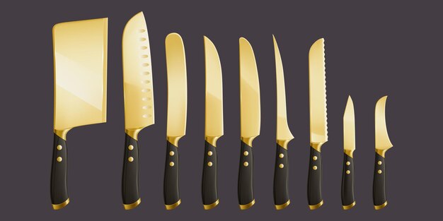 Talheres de chef de facas de cozinha com lâminas douradas