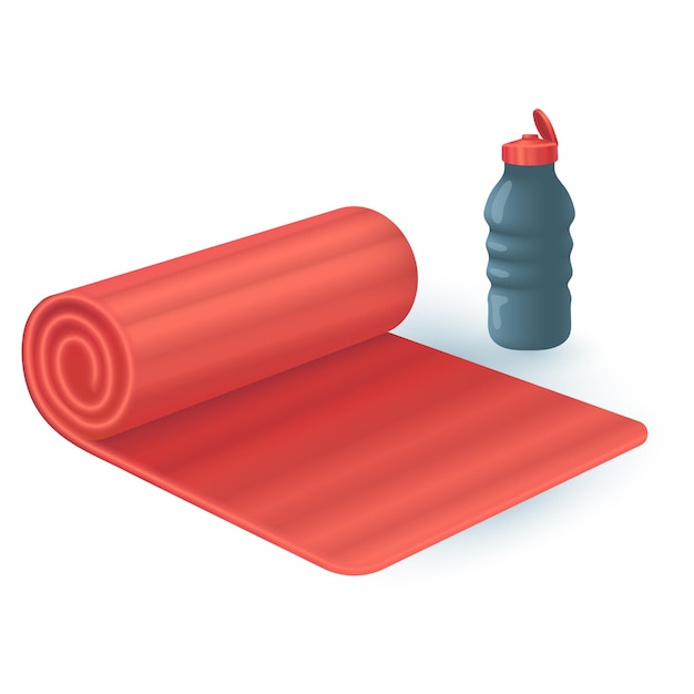 Tapete de ioga e garrafa de ilustração vetorial 3d de água. equipamento de ginástica para treinamento físico em estilo cartoon, isolado no fundo branco. esporte, hobby, conceito de treino