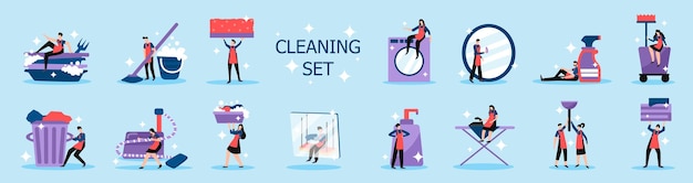 Vetor grátis tarefas domésticas profissionais de limpeza doméstica e industrial ferramentas de pessoas ícones planas definir ilustração vetorial isolada de fundo