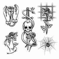 Vetor grátis tatuagem de criminoso. rosa nas mãos de uma faca atrás das grades, aranha e crânio. algemado e gaiola, arame e corrente de metal. ilustração vetorial