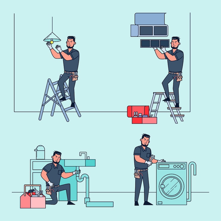 Vetor grátis técnicos profissionais para reparar e resolver vários problemas de equipamentos na casa