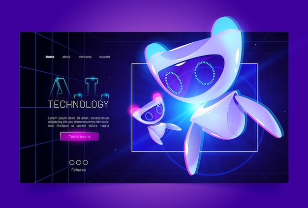 Tecnologia cartoon web banner robô de inteligência artificial em neon brilhante hud