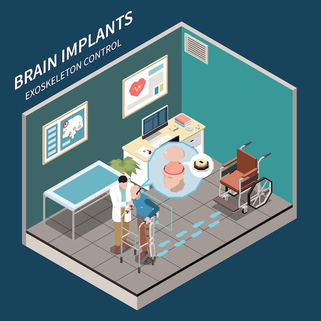 Vetor grátis tecnologias de implantes cerebrais do futuro, permitindo a função de controle de exoesqueleto para pessoas com deficiência ilustração isométrica