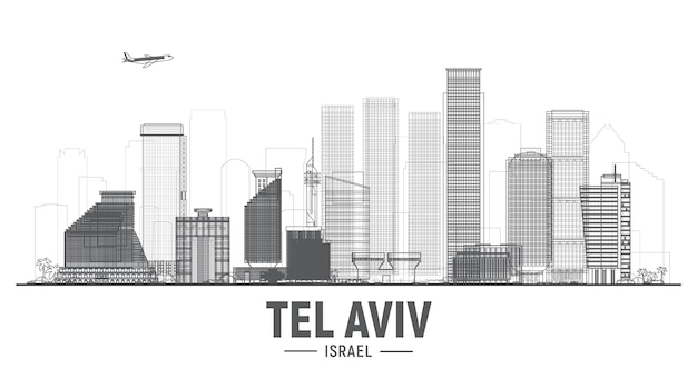 Tel Aviv Israel linha skyline de silhueta da cidade no fundo branco Ilustração vetorial Conceito de viagens e turismo de negócios com edifícios modernos Imagem para site de banner de apresentação