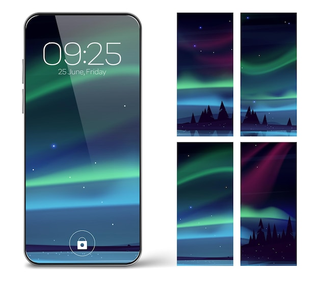 Tela de bloqueio do smartphone com aurora boreal