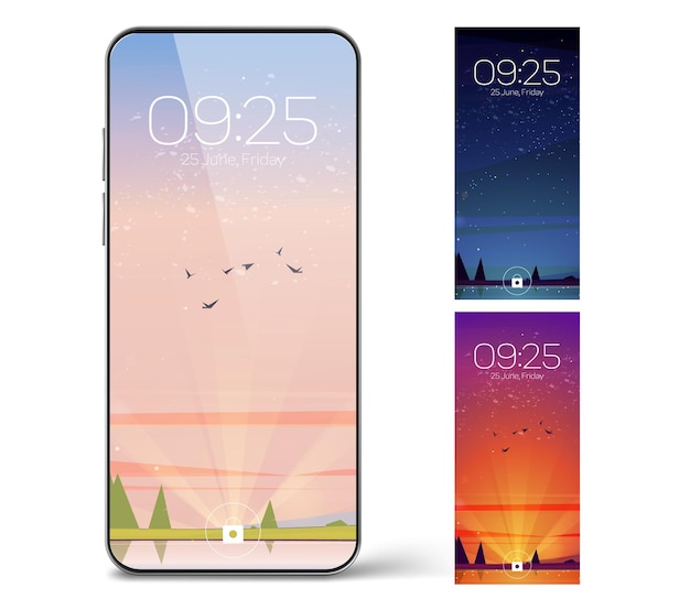 Vetor grátis tela de bloqueio do smartphone com paisagem diurna e noturna. página a bordo do telefone móvel com data e hora, fundo de papel de parede natural para dispositivo celular, conjunto de design de interface de usuário de desenho animado