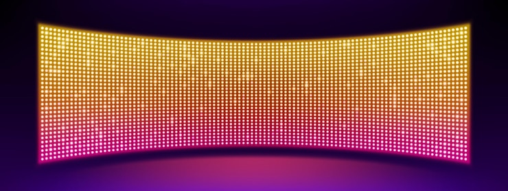 Vetor grátis tela de led côncava realista na parede ou no palco ilustração em vetor de grande tela de tv com luzes brilhantes de ponto rosa amarelo neon em fundo preto painel de pontuação digital com lâmpadas de diodo para estádio