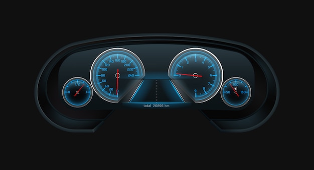 Tela do painel de controle digital do carro com incandescência azul velocímetro, tacômetro, nível de combustível, indicadores de temperatura do motor escalas realista