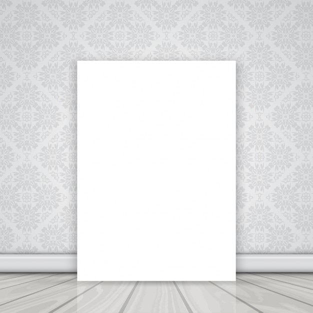 Vetor grátis tela em branco no chão encostado a uma parede com papel de parede padrão do damasco