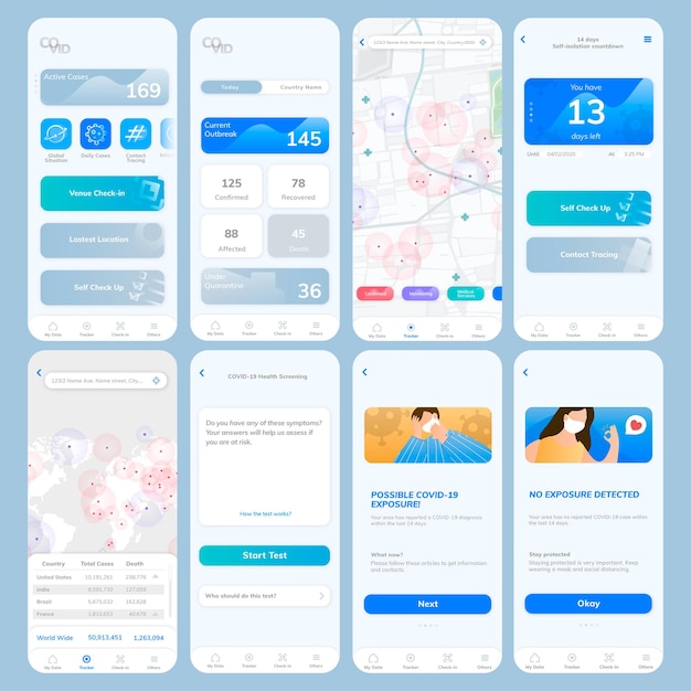 Tela móvel do vetor do modelo de aplicativo de rastreamento covid-19